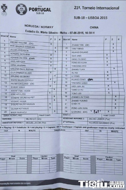 里斯本杯 中国国青2-2挪威国青首发名单
