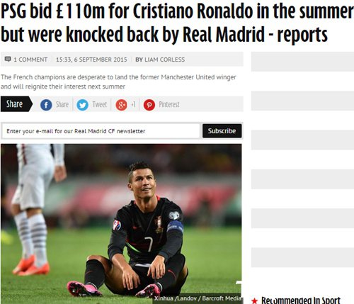 大巴黎1.5亿欧追C罗遭拒 皇马明年或卖C罗