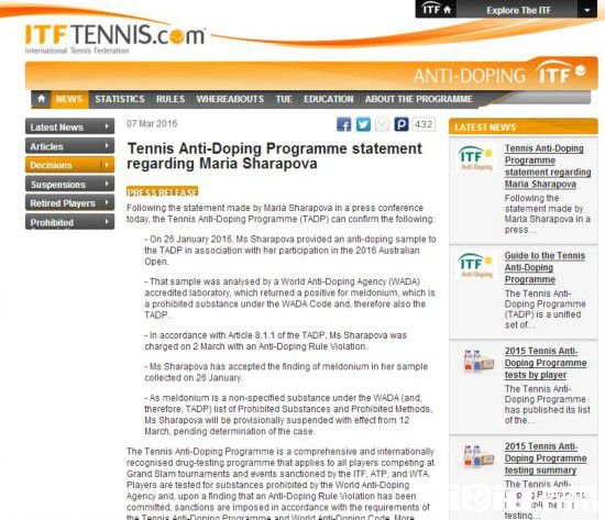 ITF确认莎拉波娃3月12日起被禁赛