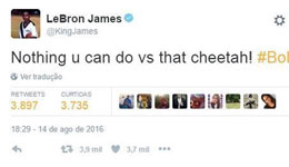 詹姆斯推特为博尔特点赞 对阵猎豹你无能为力