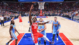 NBA常规赛76人vs掘金 一年级新生痛打恩比德胜费城